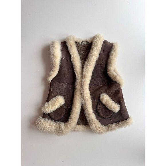 Girls' Brown 100% Suede Leather Genuine Shearling Trim Vest - Picture 1 of 10